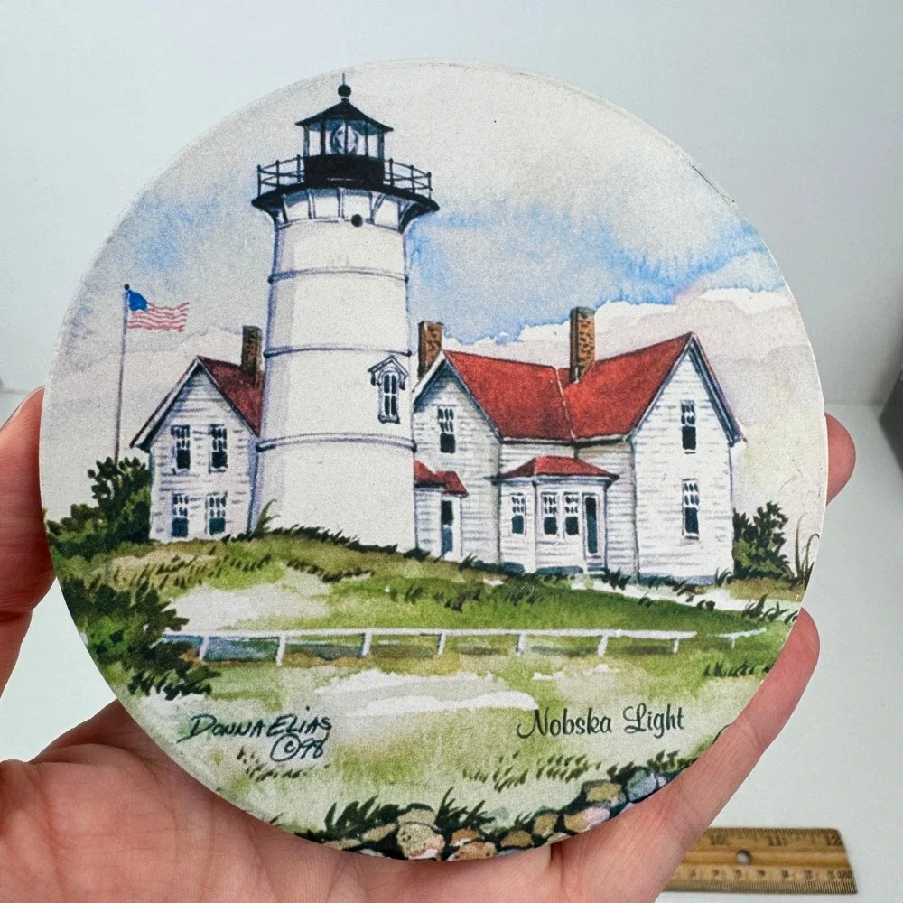 Donna Elias Art Nauset Beach Nobska Light House Round Coaster Stone Beach Theme